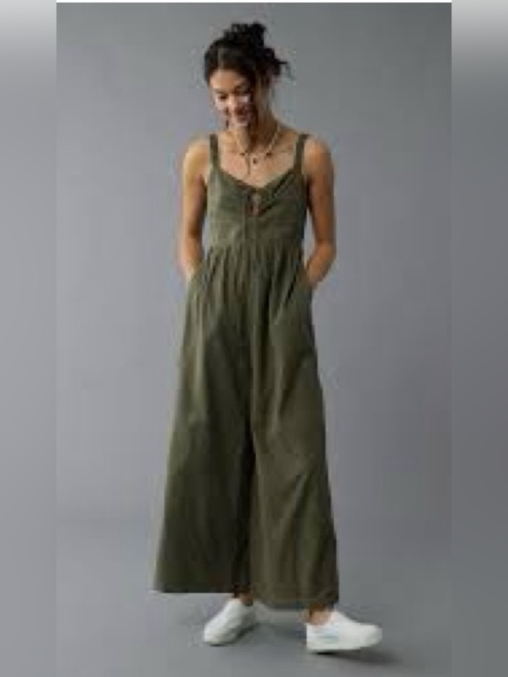 American Eagle Outfitters Olive Green Wide-Leg Jumpsuit